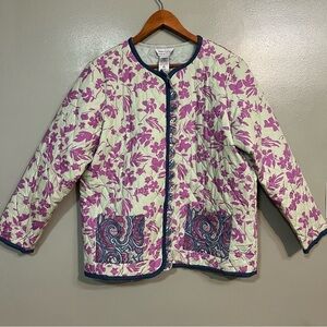French Flair Womens Floral Pockets Quilted Button Up Scalloped Edges Jacket L